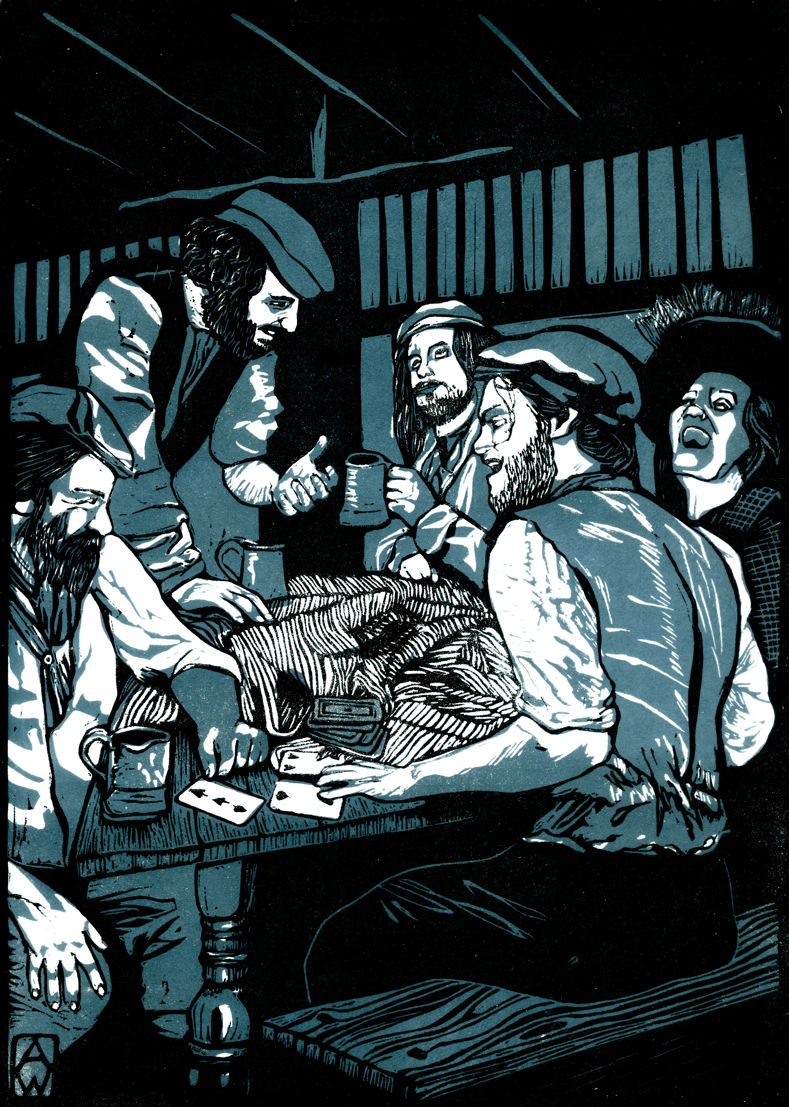 a rowdy group drinking and playing cards
