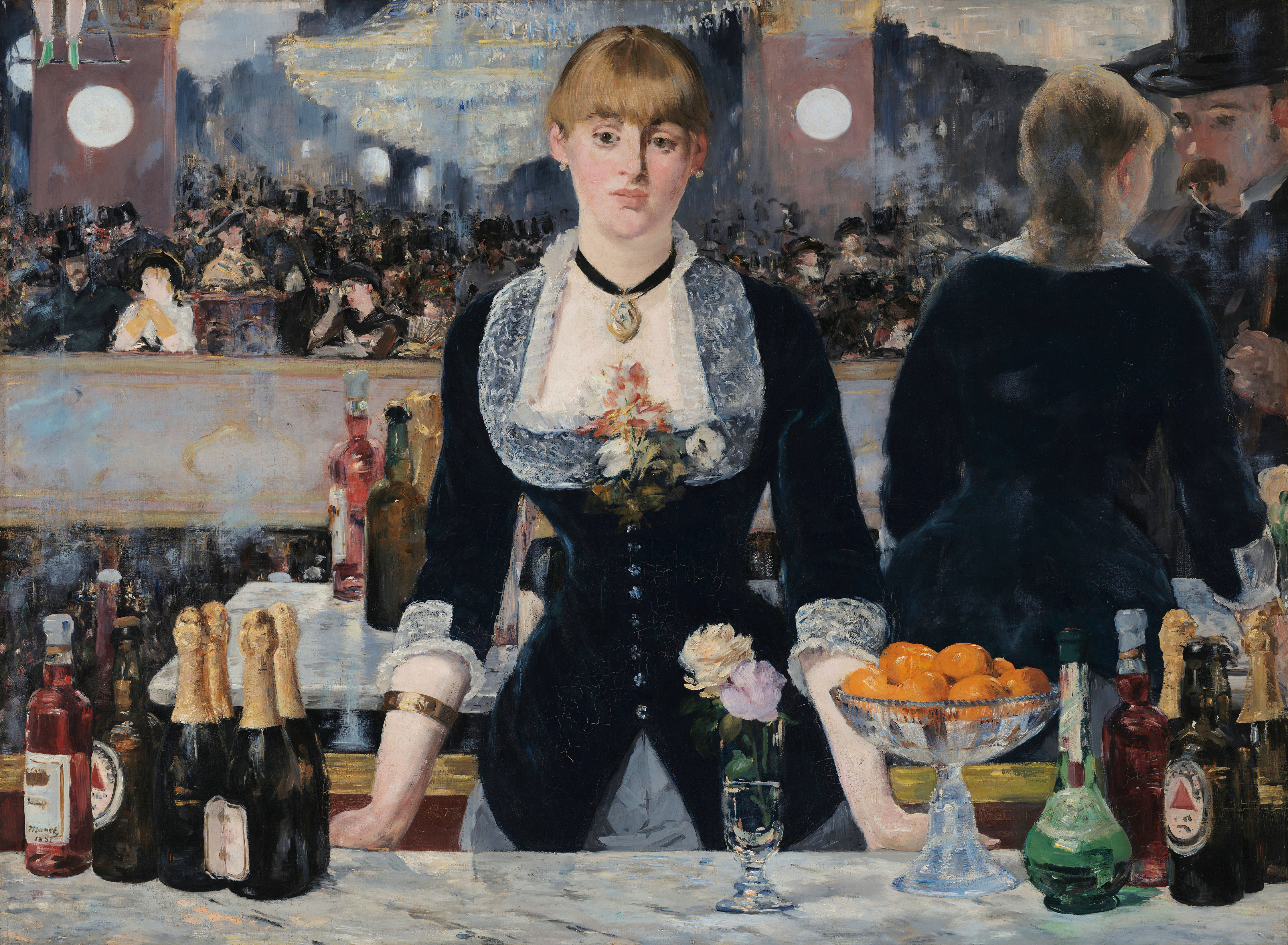 painting of a barmaid at a fancy club looking unenthusiastically at a posh male customer